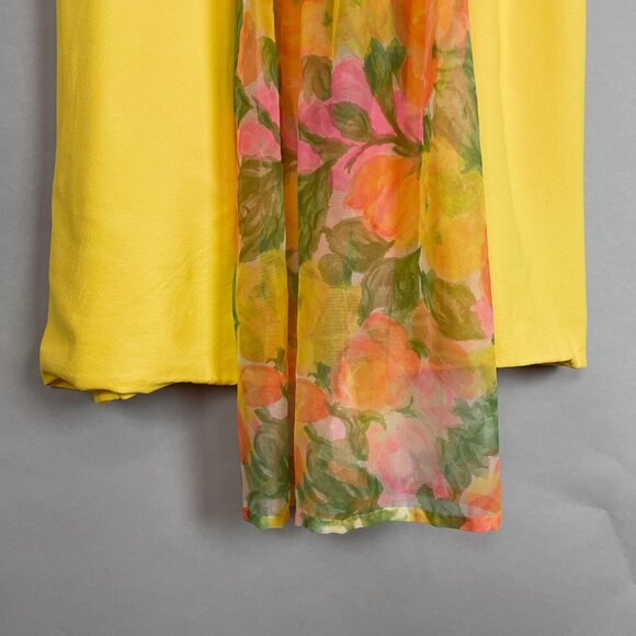 Vintage 1960s Dress Handmade Floral Train Yellow Crepe Empire Waist Bow Back - Picture 7 of 10